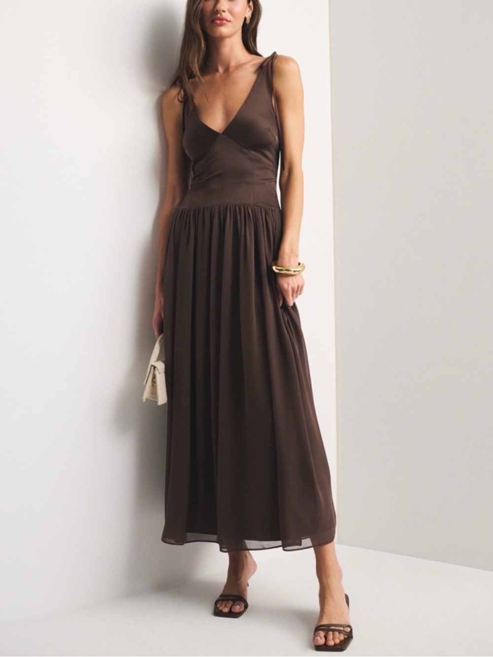 Abercrombie & Fitch Brown Tie-Shoulder V-Neck Maxi Dress